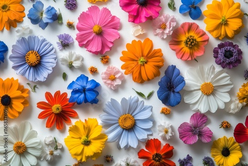 Colorful arrangement of various flowers on a white background showcasing natures beauty photo