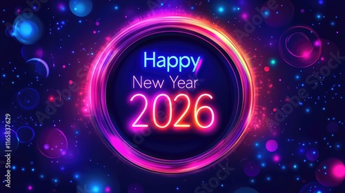 Vibrant Happy New Year 2026 Celebration Graphic with Colorful Effects