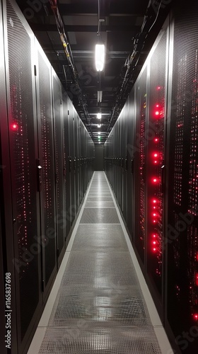 Rows of server racks in a data center illuminated by fluorescent lights