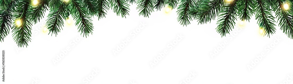 Festive Christmas Tree Branches with Garland Lights on White Background Festive Christmas Tree Branches with Garland Lights on White Background
