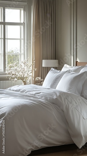 Bright and airy bedroom with white bedding and natural light in a calm setting