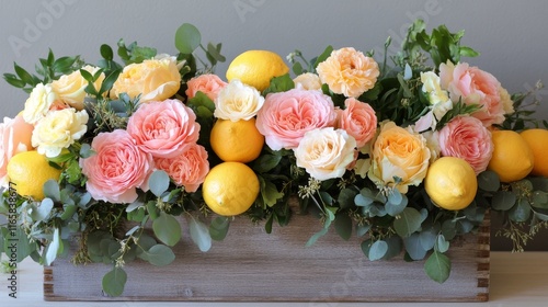 Beautiful floral arrangement with peonies and lemons in a wooden box