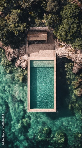 Beautiful cliffside swimming pool overlooking the ocean with clear blue water...