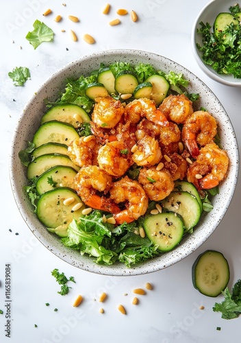 Fresh shrimp salad with zucchini and pine nuts for a healthy meal