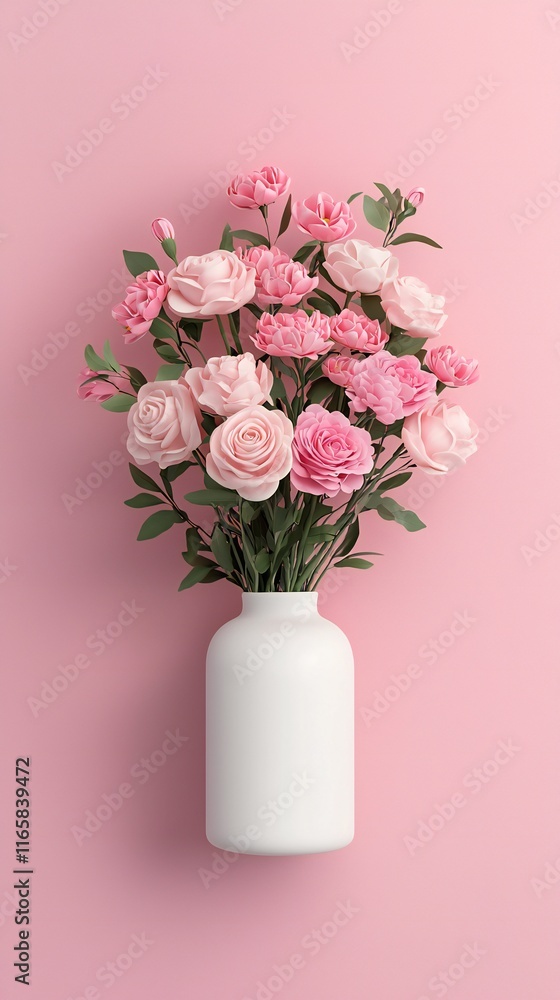 Valentine's Day Pink Roses Carnations Bouquet in White Vase Floral Still Life Feminine Decor Valentine's Day Pink Roses Carnations Bouquet in White Vase Floral Still Life Feminine Decor