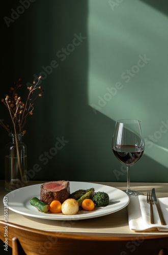 Elegant dining setup with red wine and gourmet dish in a cozy atmosphere
