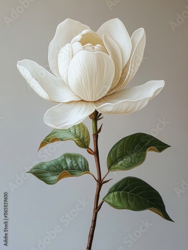 Perfectly bloomed magnolia flower with pale petals and green leaves against a soft background