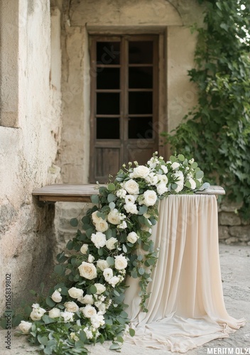 Elegant floral arrangement with greenery and draped fabric on rustic wooden t...