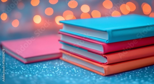 Colorful stack of books with soft bokeh lights in the background during evening