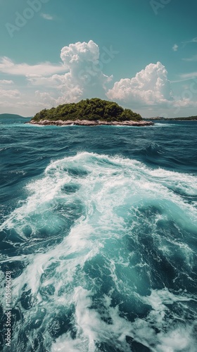 Serene island in clear blue waters under bright skies