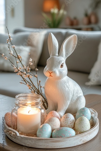 Elegant spring decor featuring a bunny, candles, and pastel eggs on a table