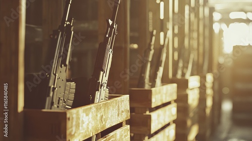 Military gear and weaponry stored in a warehouse, with wooden crates containing machine guns, representing an illegal arms cache. This scene evokes themes of war, military industry, and violence. photo