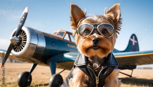 Wallpaper Mural Yorkshire Terrier Pilot: A  Stylish Canine Adventurer Posing with a Vintage Airplane Torontodigital.ca