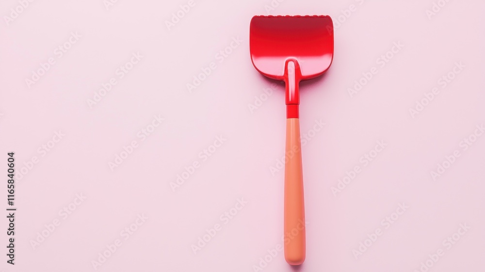 A red plastic scoop on a pink background for playful activities. A red plastic scoop on a pink background for playful activities.