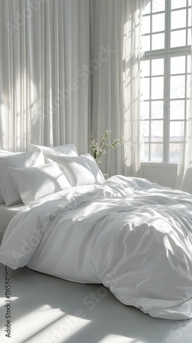 Bright and airy bedroom with white bedding and natural light in a calm setting