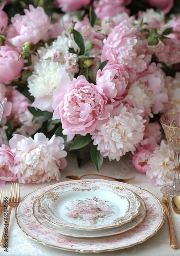 Elegant table setting with delicate flowers for a spring gathering in a warm ...