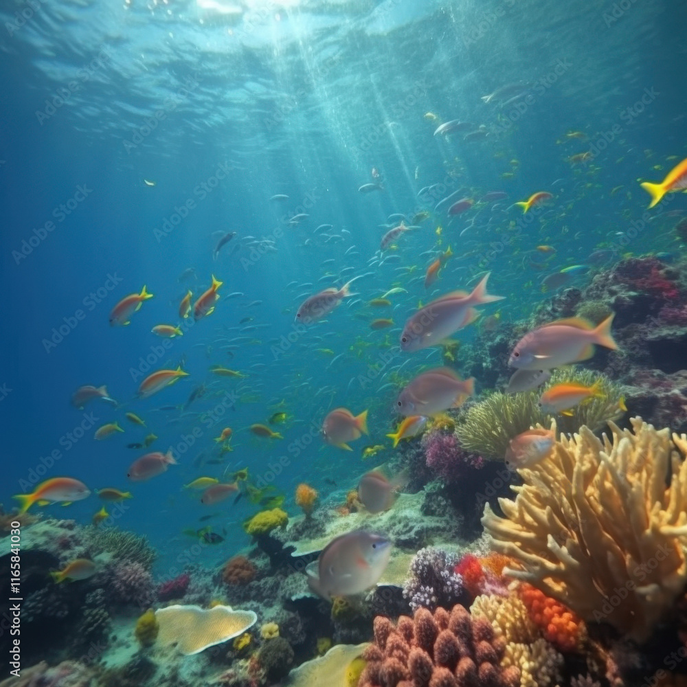 Naklejka premium Tropical Coral Reef Ecosystem with Colorful Fish in Clear Water
