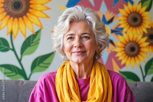 Joyful elderly woman smiling near colorful sunflower mural, vibrancy. Bright and modern style portrait photo