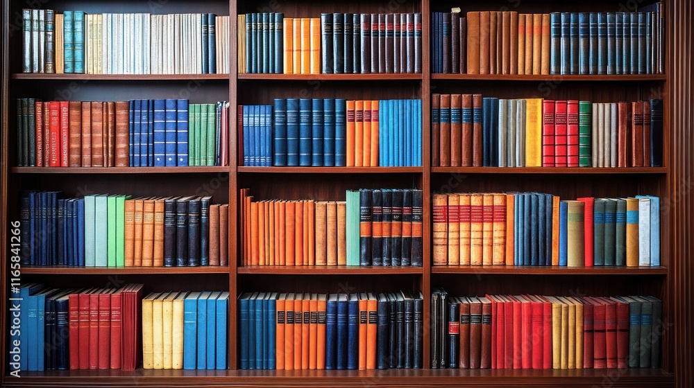 Wooden shelves lined with colorful old books create a warm and inviting atmosphere in the museum's gothic library Wooden shelves lined with colorful old books create a warm and inviting atmosphere in the museum's gothic library