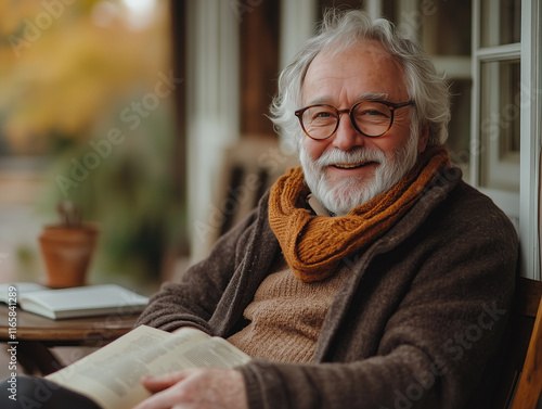 A retired man sits on a chair, smiling and looking at the camera. an old man or granfather relaxing in front of the house. photo