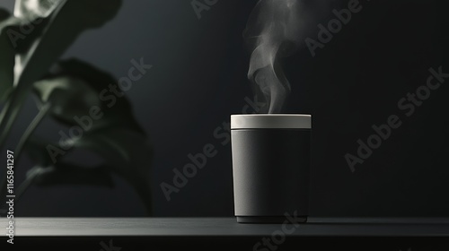 Hot beverage steaming in a textured black cup on a dark background at evening...