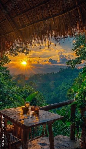 Tropical sunset over a wooden cabin in lush rainforest setting
