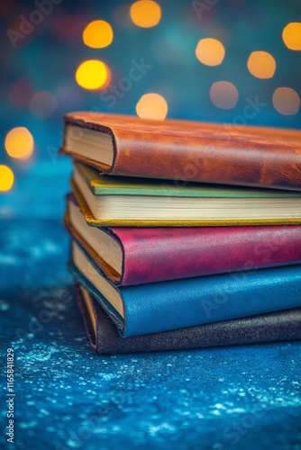 Colorful stacked notebooks on blue surface with sparkling lights in the backg...