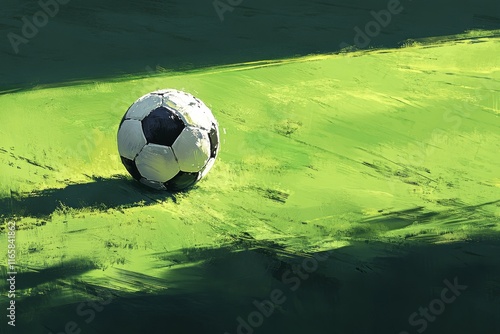 Soccer ball resting on green field with sunlight casting a shadow during daytime
