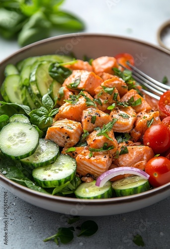 Fresh salmon salad with vegetables and herbs in a rustic bowl