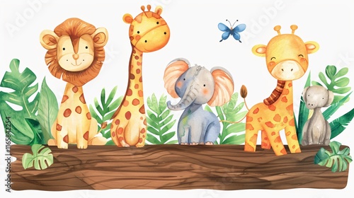 Wooden Board with Cute Animals Watercolor Safari Jungle Illustration