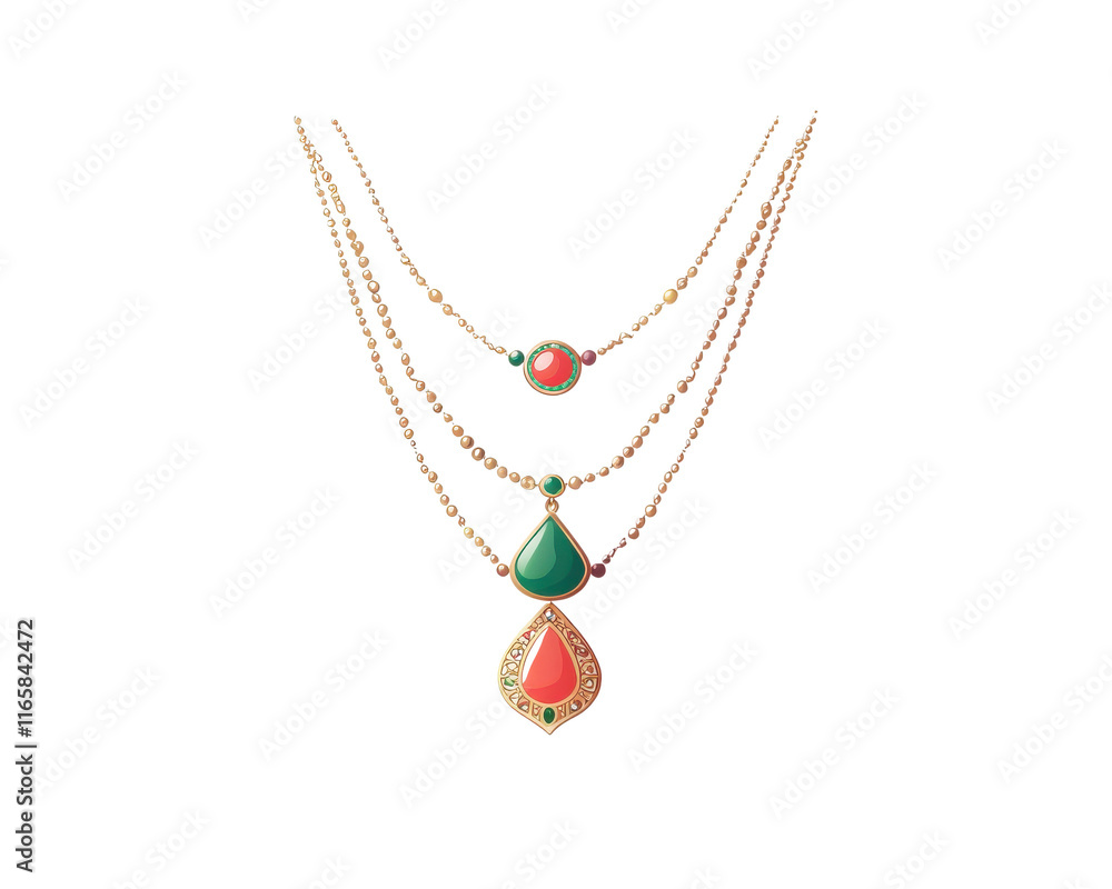 Elegant three-layer necklace with colorful gemstones on a white isolated background. Elegant three-layer necklace with colorful gemstones on a white isolated background.