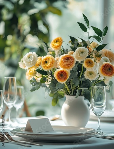 Elegant table setting with floral centerpiece for a special event in a sunlit...