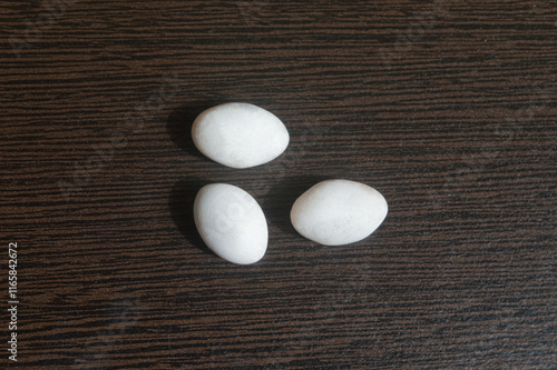 Photo of three lizard eggs on a plywood board photo