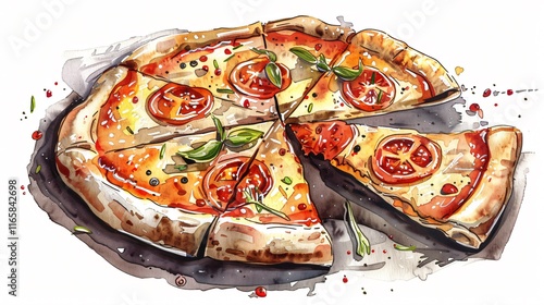 Delicious Hand-Drawn Watercolor Pizza Illustration in Black