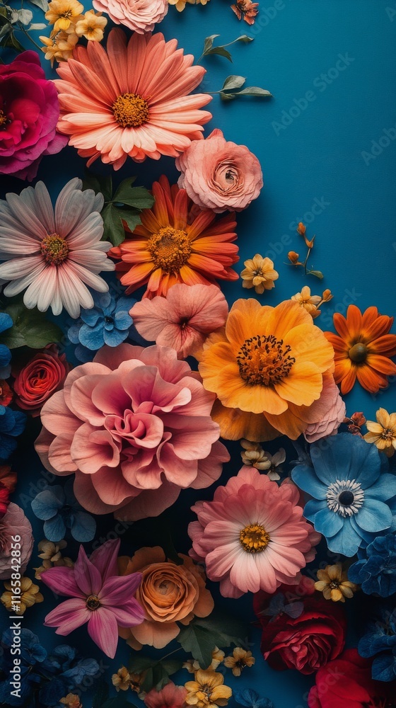 Colorful arrangement of various flowers against a blue background showcasing spring beauty Colorful arrangement of various flowers against a blue background showcasing spring beauty