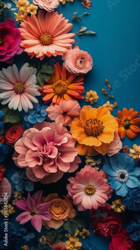Colorful arrangement of various flowers against a blue background showcasing ...