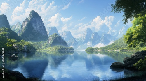 Stunning mountain landscape with serene lake and reflection under bright sky