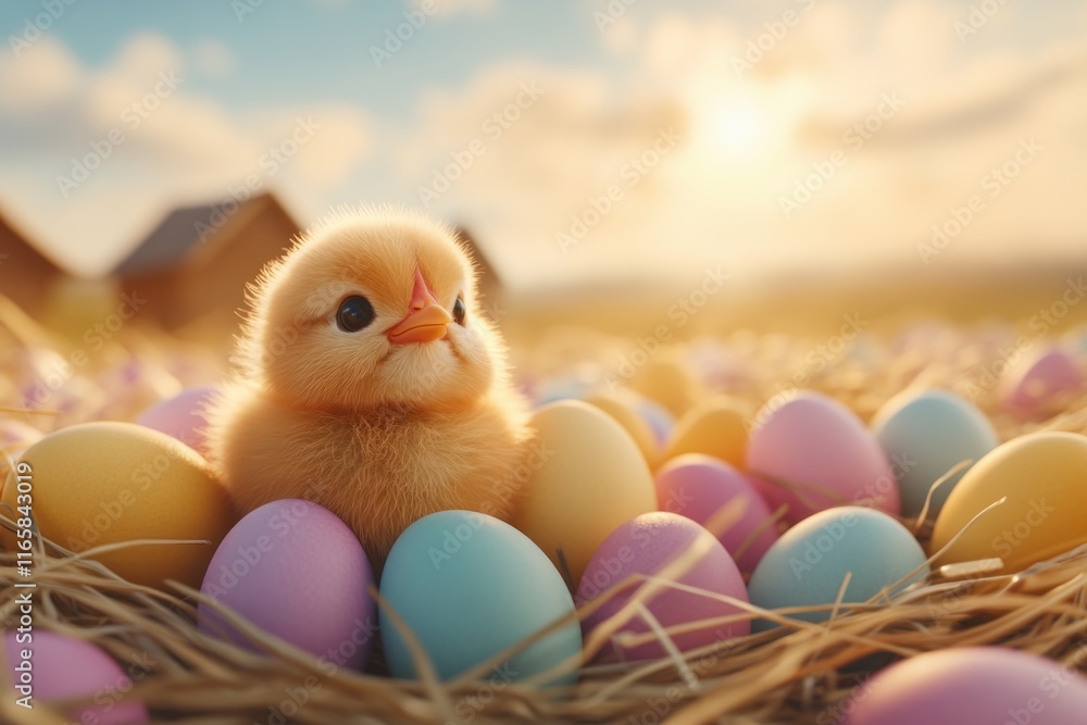 A small, delicate Easter chick standing near a holiday-inspired decoration of colorful eggs, showcasing the spring season's charm and the essence of new life This adorable fluffy baby chick is A small, delicate Easter chick standing near a holiday-inspired decoration of colorful eggs, showcasing the spring season's charm and the essence of new life This adorable fluffy baby chick is