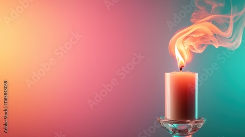 The glowing candle flame releases colorful smoke against a stunning gradient background, showcasing a blend of artistry and warmth that captivates the viewer's senses. photo