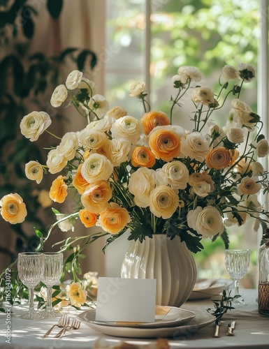 Elegant table setting with floral centerpiece for a special event in a sunlit...