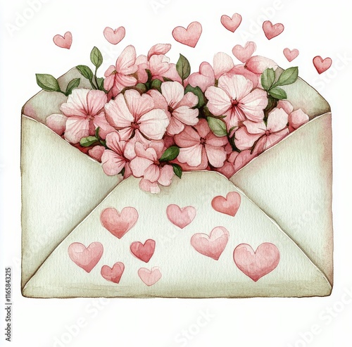 Beautiful envelope filled with pink flowers and hearts for a heartfelt message