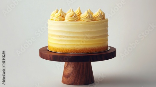 Delicious yellow cake with frosting displayed on wooden stand in bright kitchen