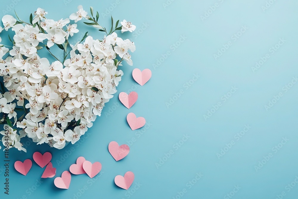 Obraz premium Romantic bouquet of white flowers and pink paper hearts on a light blue background.