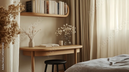 Cozy bedroom with minimalistic decor and natural light in a calm atmosphere