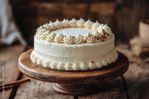 Beautifully decorated white cake on wooden table in cozy kitchen setting