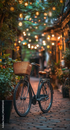Charming bike with wicker basket in a beautifully lit alley during evening hours