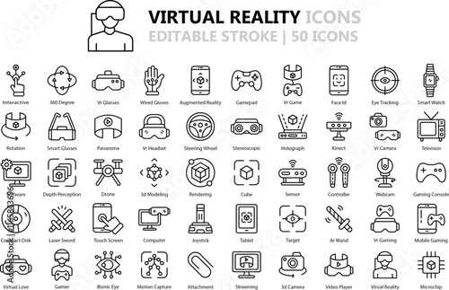 Virtual Reality Icon Set : 50 Immersive Outline Vector Icons in Black