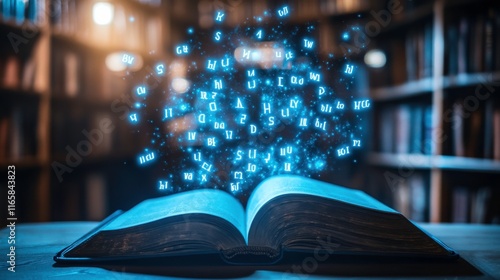 Glowing Letters Rising from an Open Book in a Library