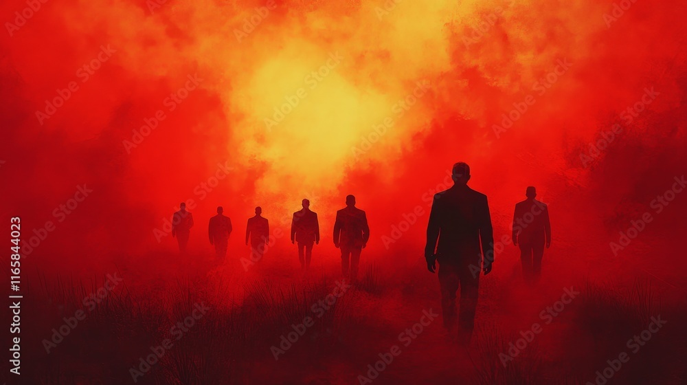 A group of people are walking through a field of smoke A group of people are walking through a field of smoke