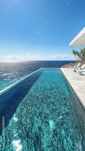 Stunning infinity pool overlooking a clear ocean under bright blue sky during...
